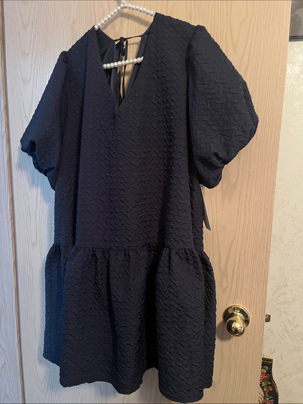 Women's Navy Textured V-Neck Midi Dress